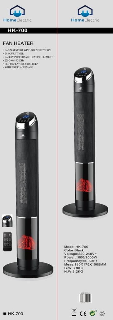 مدفأة برجية كهربائية منزلية HK-700 | 2000 واط، مزودة بجهاز تحكم عن بُعد وشعلة - الصورة 2